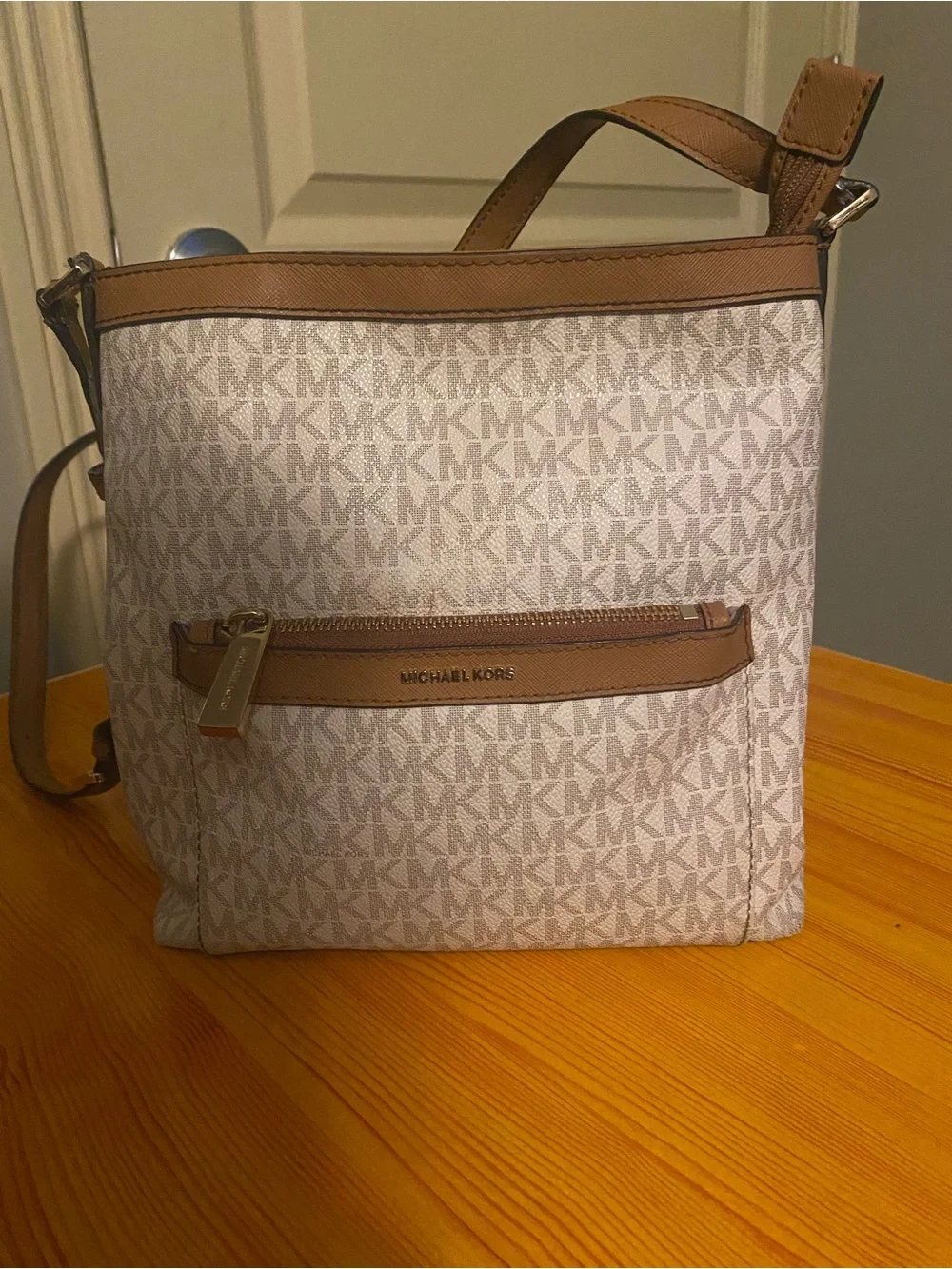 Michael Kors Cream Logo Crossbody with Tan Trim